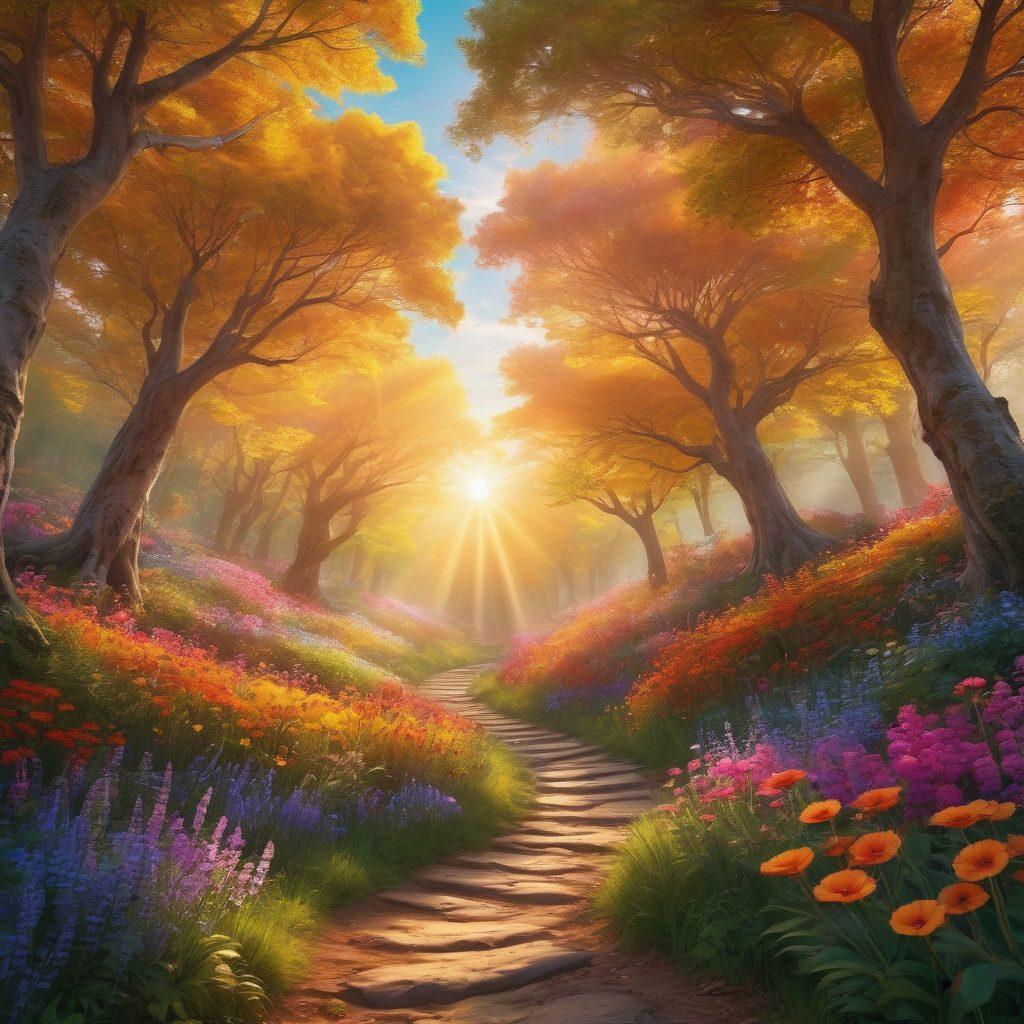 A vibrant landscape depicting a whimsical path winding through a magical forest, filled with colorful flowers and playful creatures. Wispy clouds part to reveal a radiant sun casting golden rays on enchanted trees, inviting the viewer to embark on a journey of happiness. Include cheerful people exploring and laughing along the path, capturing the essence of joy and adventure. super-realistic. vibrant colors. 3D.