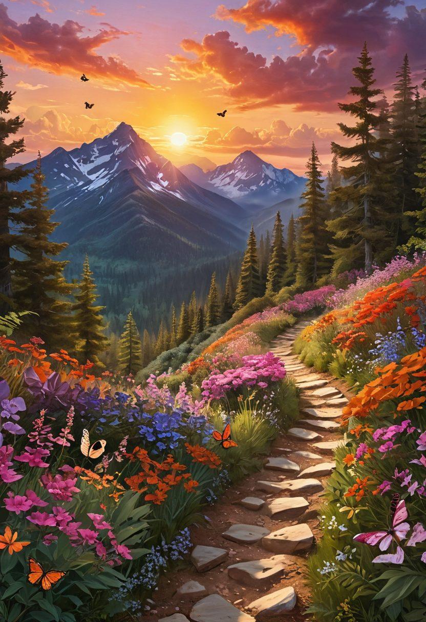 A vibrant landscape depicting a path winding through a lush forest, with colorful flowers and butterflies symbolizing positivity. In the distance, a sunlit mountain range represents new adventures, while joyful people engage in various activities like hiking and laughing, embodying a thriving lifestyle. The sky is painted with a warm sunset in shades of orange and pink, creating an inviting atmosphere. super-realistic. vibrant colors. 3D.