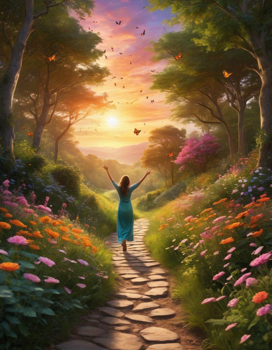 A vibrant, sunlit landscape featuring a winding path leading through a lush green forest with blooming flowers, symbolizing a journey to happiness. In the foreground, a joyful figure with arms raised in celebration, surrounded by butterflies and sparkling light, embodies pure joy. In the background, a radiant sky with hues of orange and pink at sunset, representing hope and positivity. super-realistic. vibrant colors. 3D.